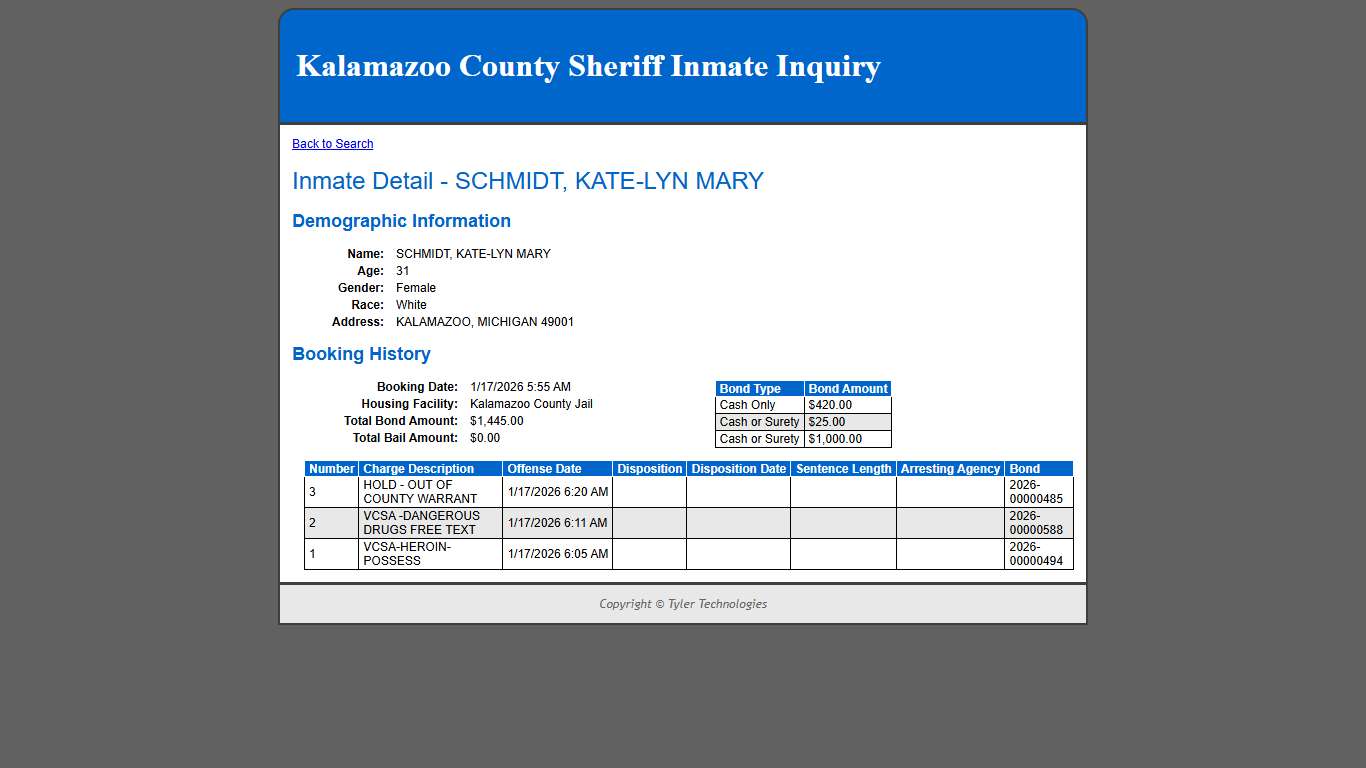 Inmate Detail - SCHMIDT, KATE-LYN MARY